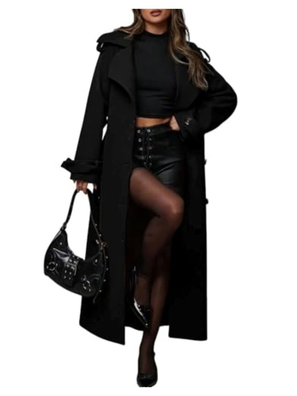 Women's Long Wool Blend Trench Coat Oversized Notch Lapel Double Breasted